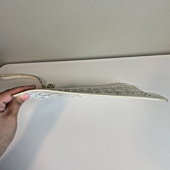 TORY BURCH Large Laser Cutout Zip Clutch Pouch White PVC Clear Lining Gold Charm - Picture 4 of 6